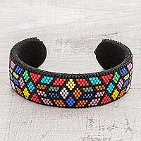 Glass beaded cuff bracelet, 'Rainbow Geometry' - Colorful Geometric Glass Beaded Cuff Bracelet