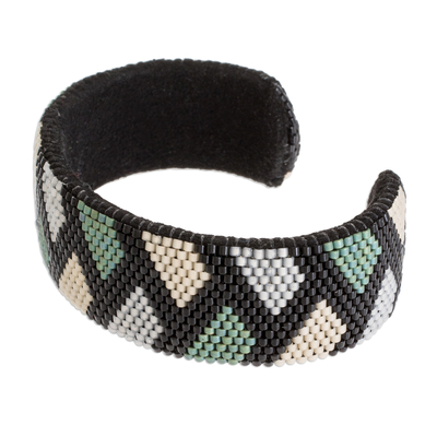 Glass beaded cuff bracelet, 'Jungle Thatch' - Zigzag Glass Beaded Cuff Bracelet from El Salvador