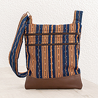 Leather accented cotton sling, 'Straight Paths' - Ginger and Midnight Striped Leather Accented Cotton Sling