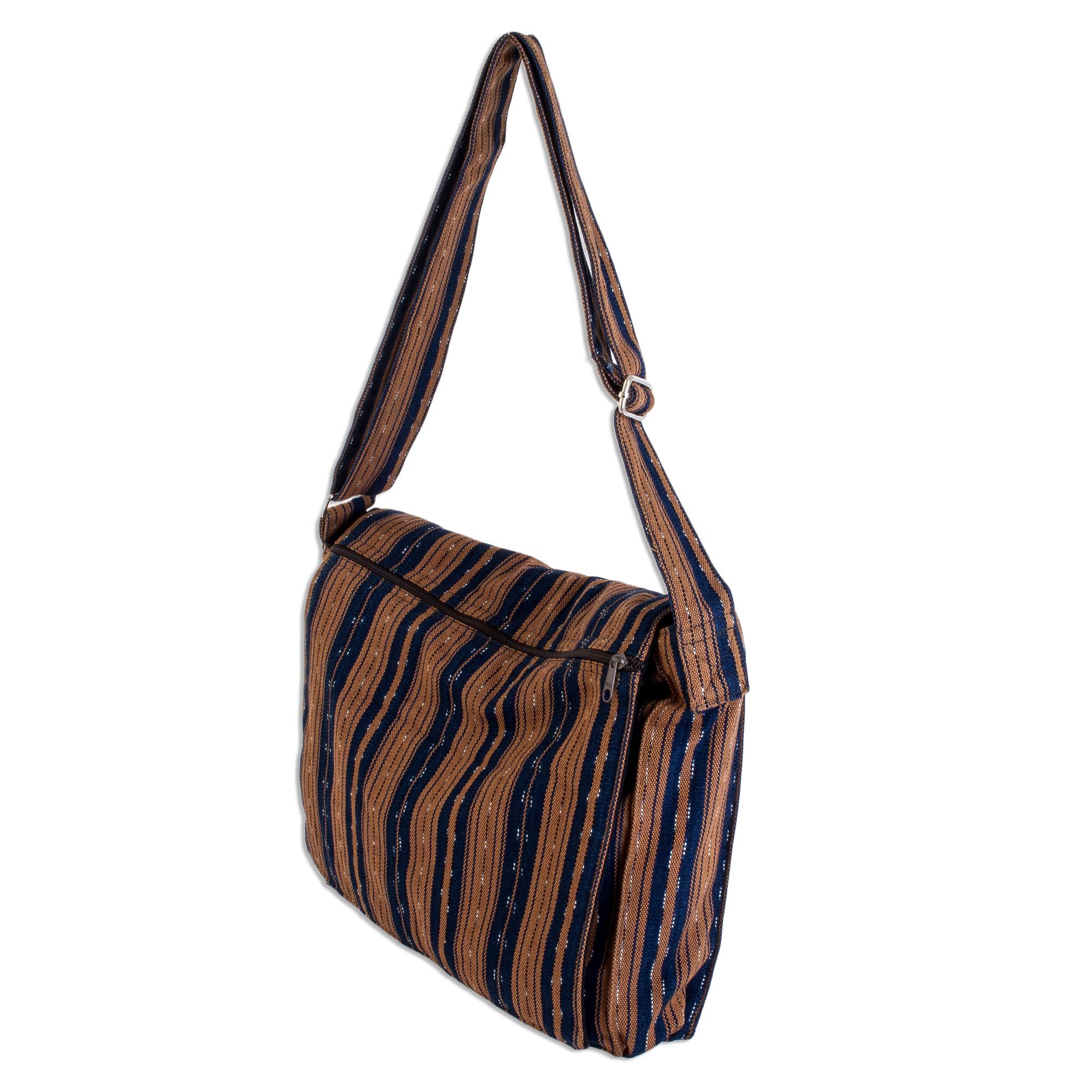 Striped Cotton Messenger Bag in Midnight and Ginger Straight Paths NOVICA