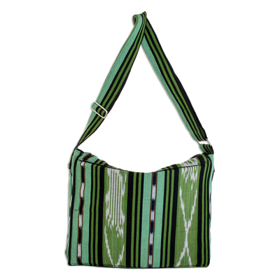 Cotton messenger bag, 'Salvadoran Paths' - Striped Green Cotton Messenger Bag from El Salvador