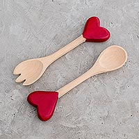 Wood serving utensils, 'Unconditional Love' (pair) - Heart-Themed Wood Serving Utensils from Guatemala (Pair)