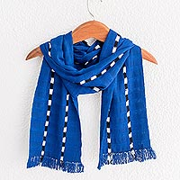 Cotton scarf, 'Courageous Paths' - Striped Cotton Wrap Scarf in Lapis from Guatemala