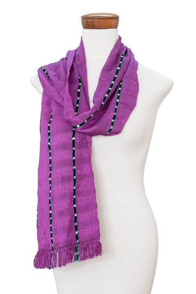 Cotton scarf, 'Youthful Spring' - Handwoven Striped Cotton Scarf in Wisteria from Guatemala