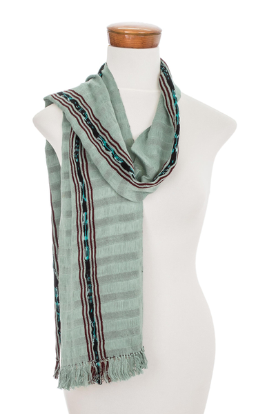Cotton scarf, 'Forest Subtlety' - Handwoven Cotton Wrap Scarf in Celadon from Guatemala