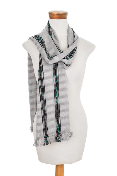 Cotton scarf, 'Elegant Subtlety' - Handwoven Cotton Wrap Scarf in Ash from Guatemala