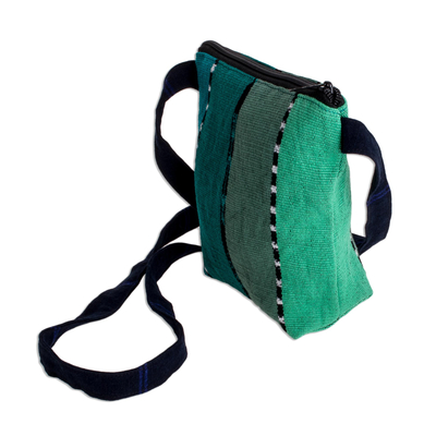 Cotton sling, 'Green Lake' - Striped Green Cotton Sling Crafted in Guatemala