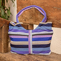 Cotton tote, 'Winter Sunset' - Blue and Purple Striped Cotton Tote from Guatemala