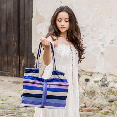 Cotton tote, 'Winter Sunset' - Blue and Purple Striped Cotton Tote from Guatemala