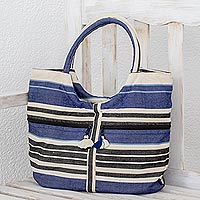 Cotton tote, 'Strips of Sky' - Blue and Antique White Striped Cotton Tote from Guatemala