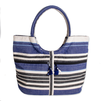 Cotton tote, 'Strips of Sky' - Blue and Antique White Striped Cotton Tote from Guatemala