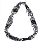 Glass beaded strand necklace, 'Harmonious Elegance in Black' - Black and White Glass Beaded Strand Necklace from Guatemala