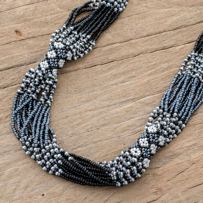 Glass beaded strand necklace, 'Harmonious Elegance in Black' - Black and White Glass Beaded Strand Necklace from Guatemala