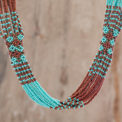 Glass beaded strand necklace, 'Harmonious Elegance in Brown' - Brown and Turquoise Blue Glass Beaded Strand Necklace