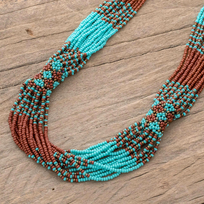 Glass beaded strand necklace, 'Harmonious Elegance in Brown' - Brown and Turquoise Blue Glass Beaded Strand Necklace
