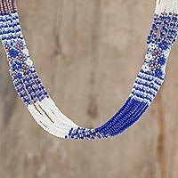 Glass beaded strand necklace, 'Harmonious Elegance in Blue' - Blue and White Glass Beaded Strand Necklace from Guatemala