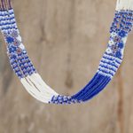 Glass beaded strand necklace, 'Harmonious Elegance in Blue' - Blue and White Glass Beaded Strand Necklace from Guatemala