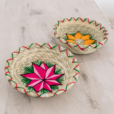Natural fiber decorative baskets, 'Feminine Stars' (pair) - Embroidered Natural Fiber Decorative Baskets (Pair)
