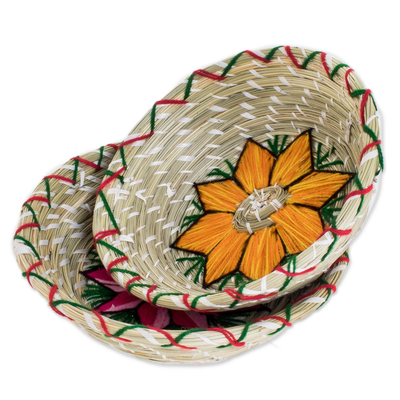 Natural fiber baskets, 'Bright Stars' (pair) - Embroidered Natural Fiber Baskets from Guatemala (Pair)