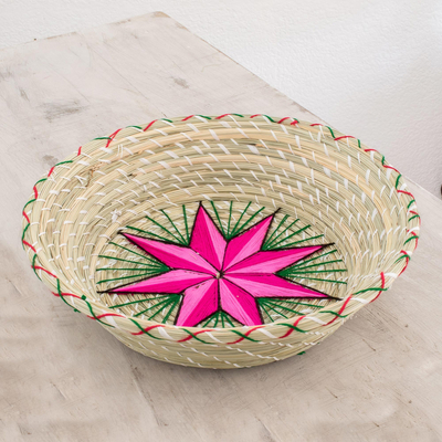 Natural fiber decorative basket, Artisanal Star in Fuchsia