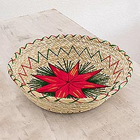 Natural fiber decorative basket, 'Artisanal Star in Red' - Red Star Natural Fiber Decorative Basket from Guatemala
