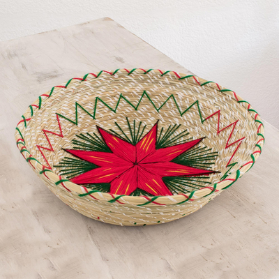 Natural fiber decorative basket, 'Artisanal Star in Red' - Red Star Natural Fiber Decorative Basket from Guatemala