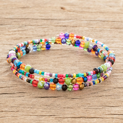 Glass and crystal beaded wrap bracelet, 'Happiness and Harmony' - Colorful Glass and Crystal Beaded Wrap Bracelet