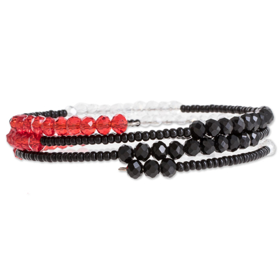 Glass and crystal beaded wrap bracelet, 'Two-Tone Illusion' - Black and Red Glass and Crystal Beaded Wrap Bracelet