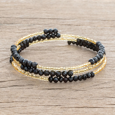Glass and crystal beaded wrap bracelet, 'Nocturnal Illusion' - Black and Gold-Tone Glass and Crystal Beaded Wrap Bracelet