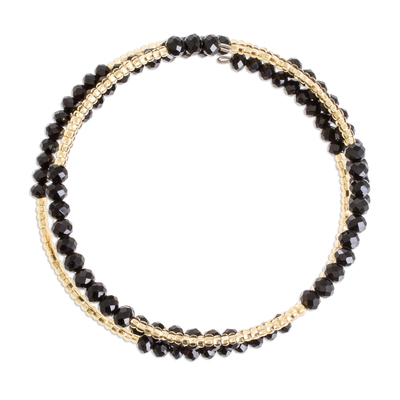 Glass and crystal beaded wrap bracelet, 'Nocturnal Illusion' - Black and Gold-Tone Glass and Crystal Beaded Wrap Bracelet