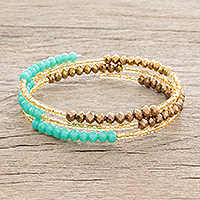 Glass and crystal beaded wrap bracelet, 'Gold of the Sea' - Green and Gold-Tone Glass and Crystal Beaded Wrap Bracelet
