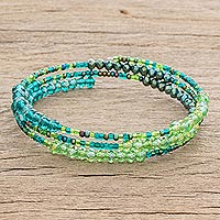 Glass and crystal beaded wrap bracelet, 'Ocean Siren'