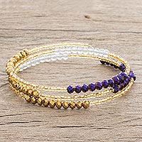 Glass and crystal beaded wrap bracelet, 'Regal Glitter' - Gold-Tone and Purple Glass and Crystal Beaded Wrap Bracelet