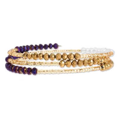 Gold-Tone and Purple Glass and Crystal Beaded Wrap Bracelet