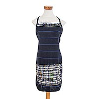 Cotton apron, 'Kitchen Tradition' - Handwoven Cotton Apron with Ikat Trim and Pocket