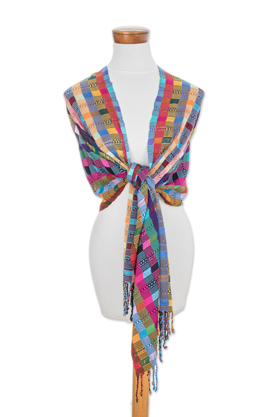 Cotton shawl, 'Festival of Color' - Artisan Crafted Colorful Cotton Shawl from Guatemala