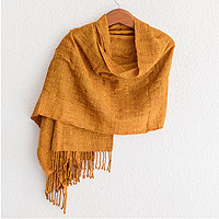 Cotton shawl, 'Subtle Texture in Saffron' - Textured Cotton Shawl in Saffron from Guatemala