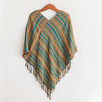 Poncho de algodón, 'Beach Stripes' - Poncho de algodón a rayas tejido a mano de Guatemala
