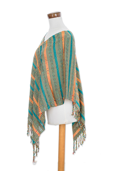 Poncho de algodón, 'Beach Stripes' - Poncho de algodón a rayas tejido a mano de Guatemala