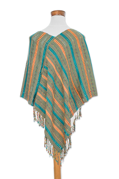 Cotton poncho, 'Beach Stripes' - Handwoven Striped Cotton Poncho from Guatemala