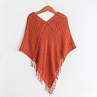 Handmade Open Weave All Cotton Poncho in Deep Orange,'Fresh Sapodilla'