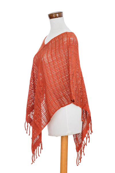 Cotton poncho, 'Fresh Sapodilla' - Handmade Open Weave All Cotton Poncho in Deep Orange