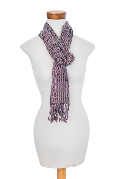 Cotton scarf, 'Shapes and Silhouettes' - Hand Woven All Cotton Scarf in Light Blue and Red