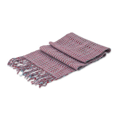 Cotton scarf, 'Shapes and Silhouettes' - Hand Woven All Cotton Scarf in Light Blue and Red