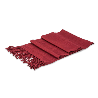 Rayon scarf, 'Color and Texture in Wine' - Wine Red Hand Woven Rayon Scarf with Fringe
