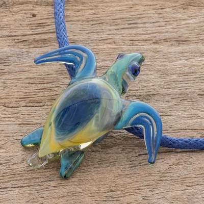 Art glass pendant necklace, 'In the Lagoon' - Blue and Yellow Art Glass Sea Turtle Pendant Necklace