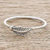 Sterling silver band ring, 'Fallen Feather' - Slender Sterling Silver Band Ring with Feather