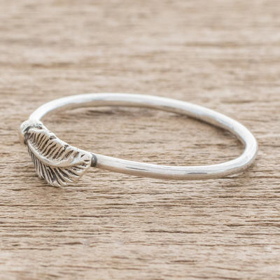 Sterling silver band ring, 'Fallen Feather' - Slender Sterling Silver Band Ring with Feather