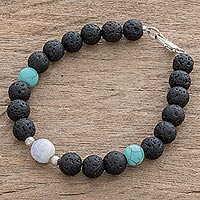 Jade and lava stone beaded bracelet, 'Tricolor' - Jade and Reconstituted Turquoise Bracelet from Guatemala