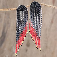 Beaded waterfall earrings, 'Dramatic Cascade' - Long Beaded Waterfall Earrings in Black, Grey and Red